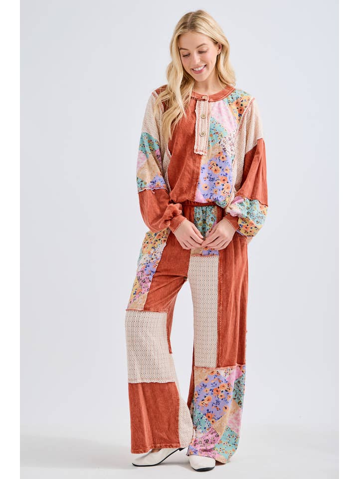 J.Her - Wholesale Pants - Women's - Mineral Washed Floral WaveKnit Jacquard Boho Pants HP610626