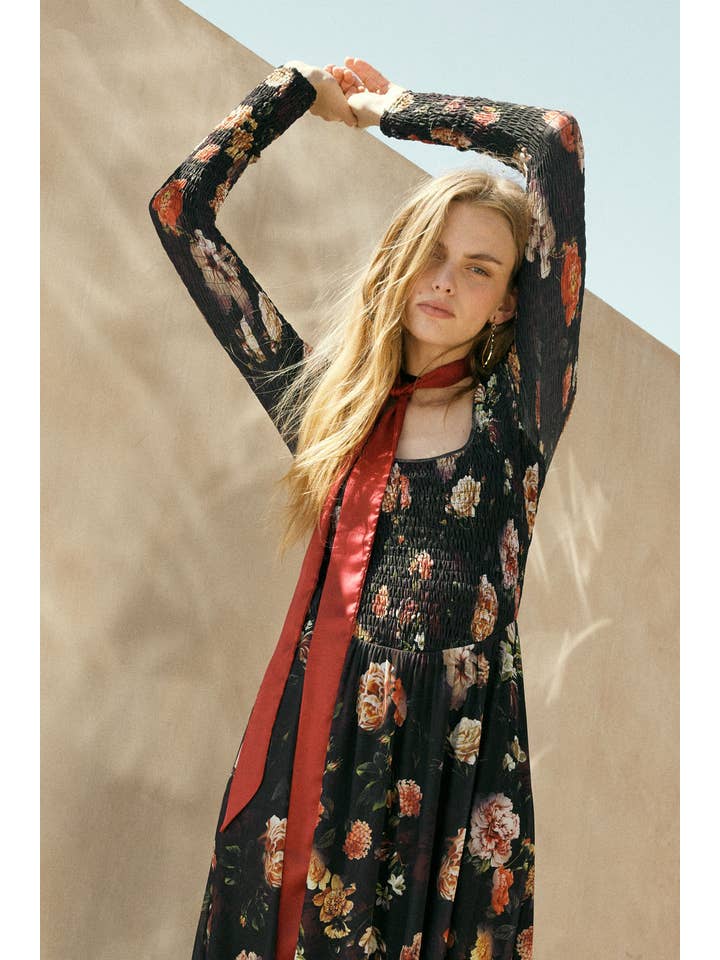 BLACK Floral-Print Mesh Smocked Long-Sleeve Maxi Dress for wholesale on Faire4