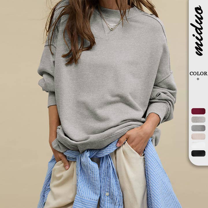 TISANCRE - Wholesale Sweatshirt - Women's - Trend style pullover long sleeve European and American style split sweater round neck solid color loose sweater