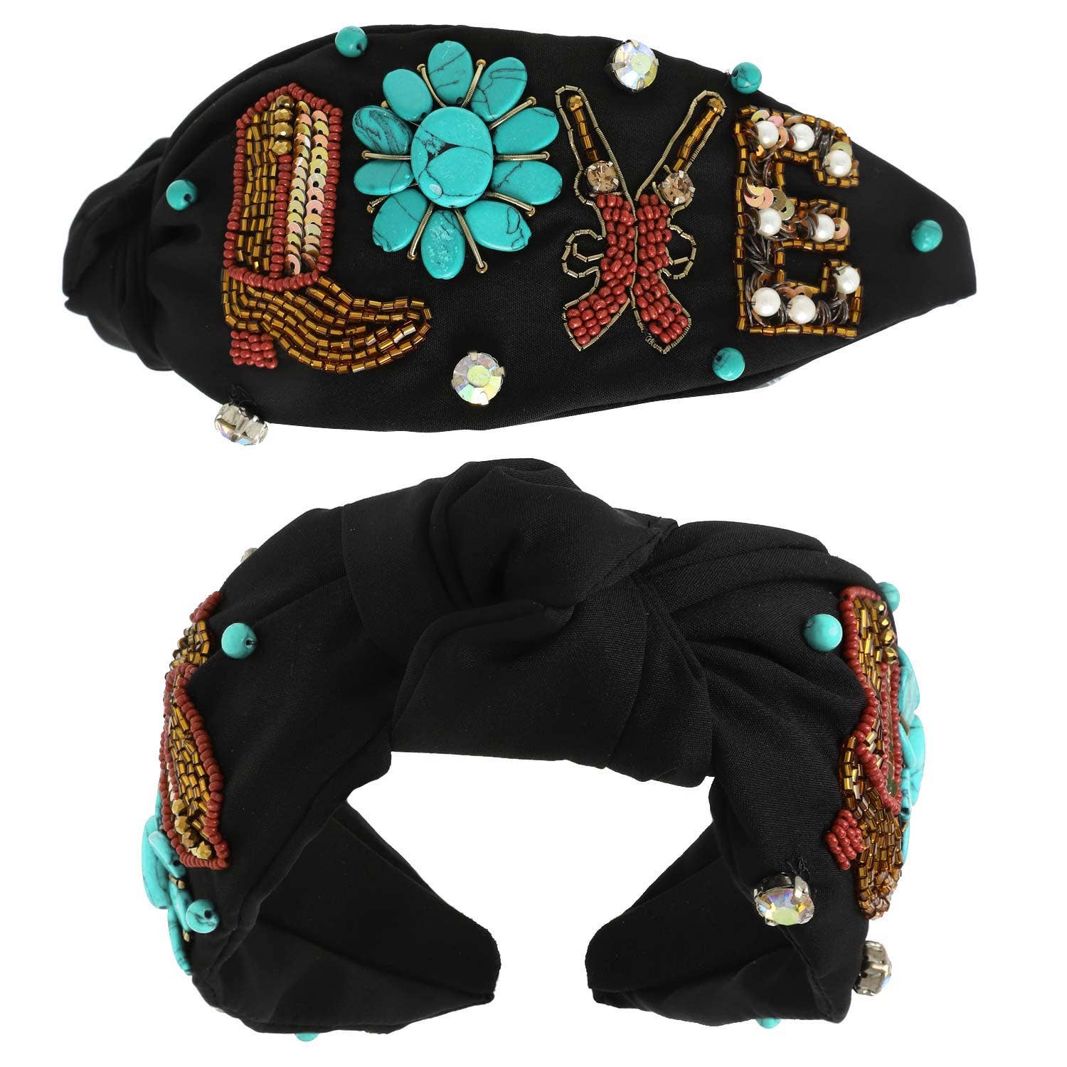 SP Sophia Collection - Wholesale Fashion Headband - Women's - Western Love Turquoise Top Knotted Beaded Headband0