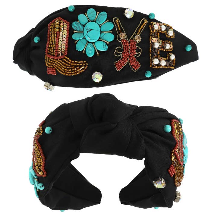 SP Sophia Collection - Wholesale Fashion Headband - Women's - Western Love Turquoise Top Knotted Beaded Headband