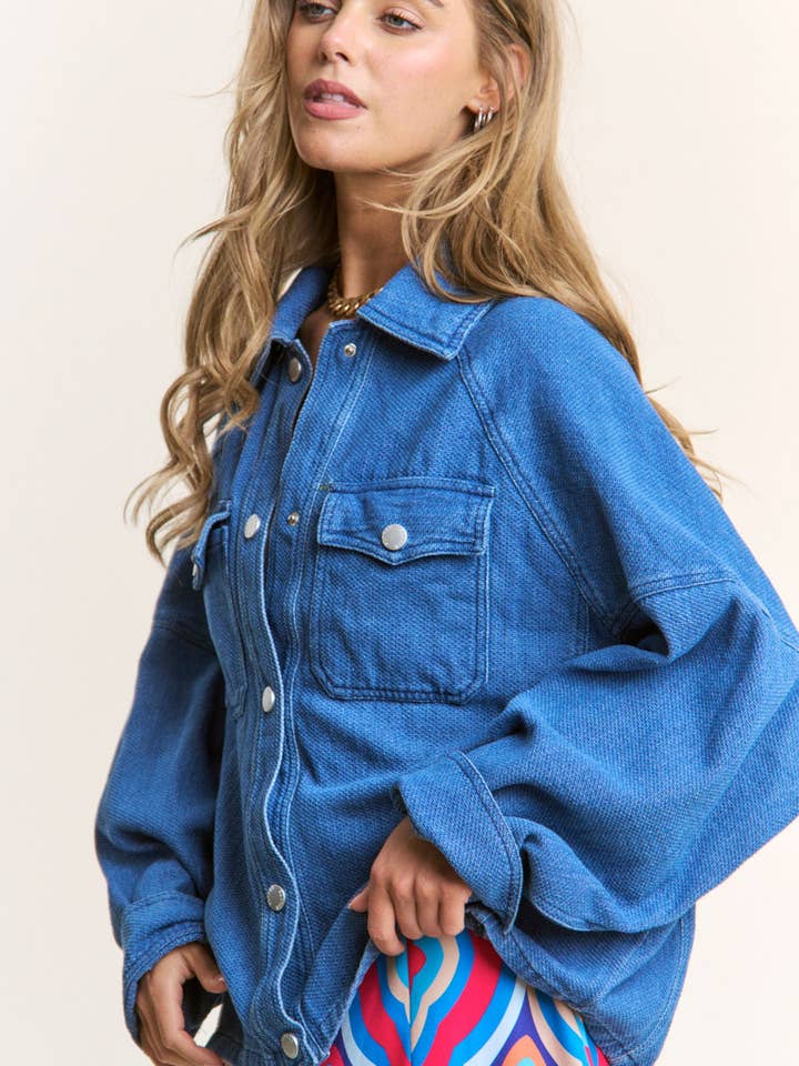 Oversized Snap Button Up Denim Shacket for wholesale by J.NNA