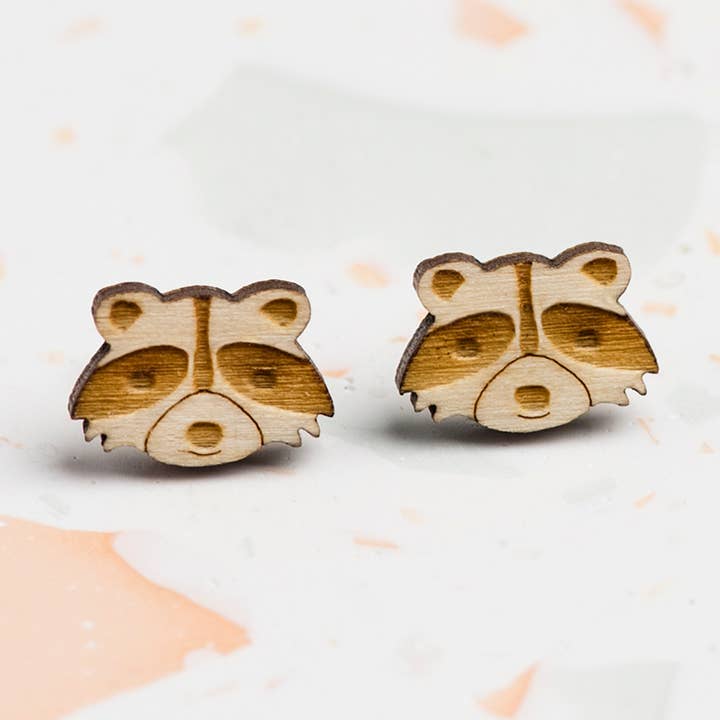 Wooden Raccoon Stud Earrings for wholesale by Ginger Pickle