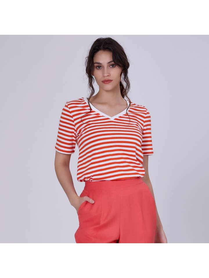Smart and Joy - Wholesale T-Shirt - Women's - V-neck cotton sailor t-shirt
