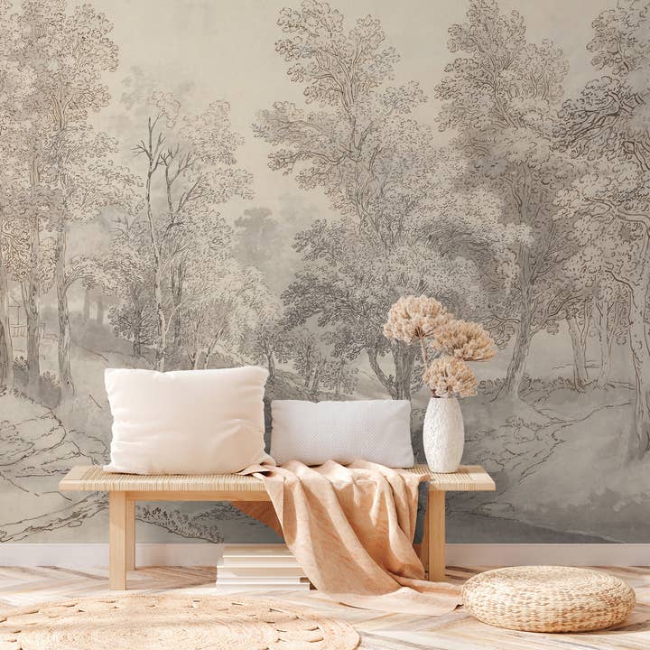 Vintage Landscape Wallpaper, Soft Tone Tree Wall Mural for wholesale by SimurgWallArts