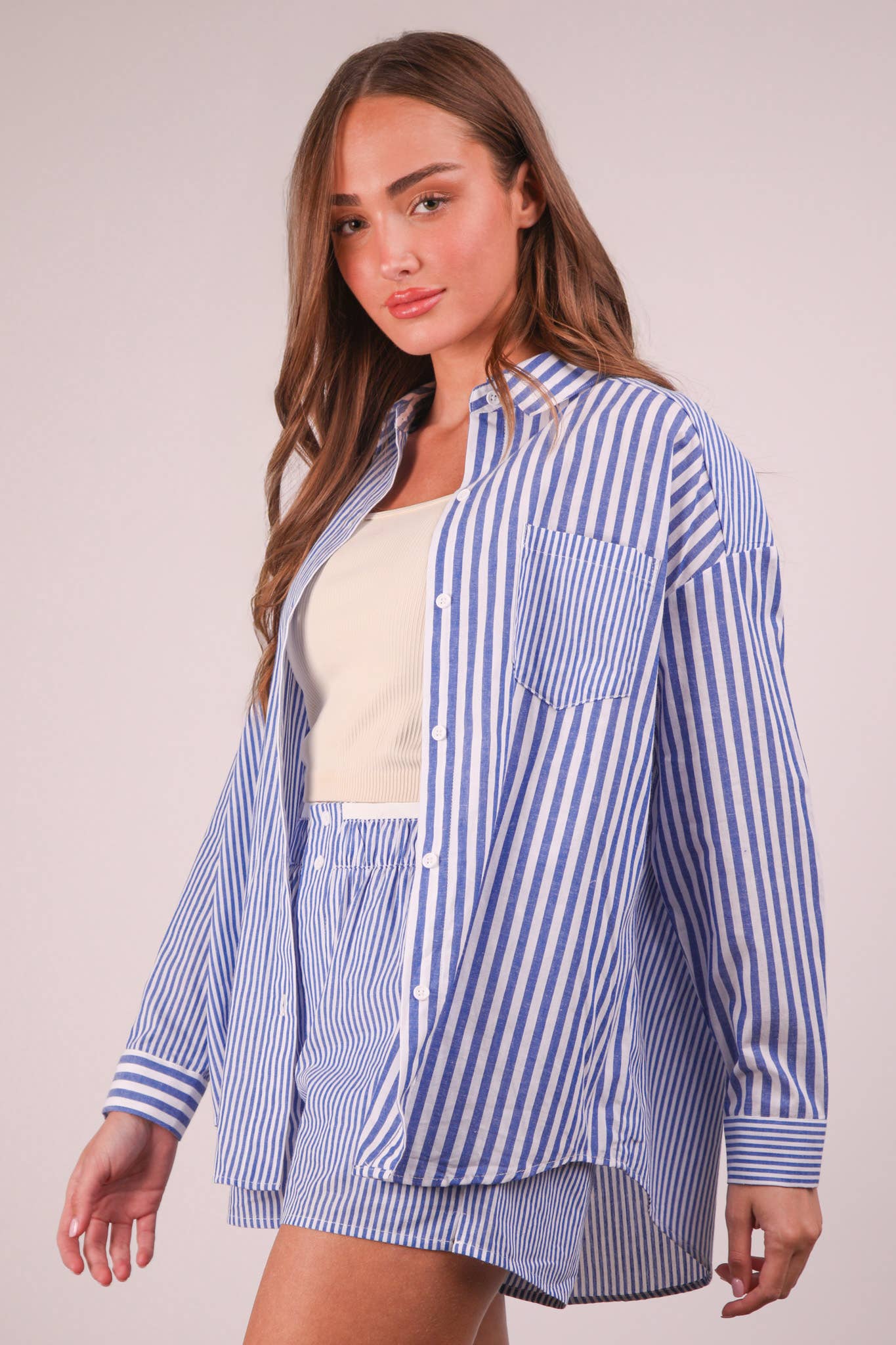VERY J - Wholesale Lounge Set - Women's - NT12020SET-Striped Oversized Comfy Shirt Top & Shorts Set0