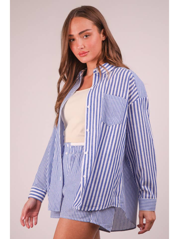 VERY J - Wholesale Lounge Set - Women's - NT12020SET-Striped Oversized Comfy Shirt Top & Shorts Set