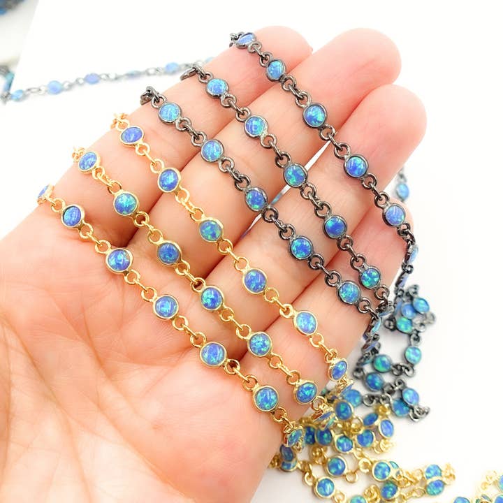 Jewels & Chains - Wholesale Link & Chain Necklace - Created Blue Opal Round Shape Connected Chain. CBO8