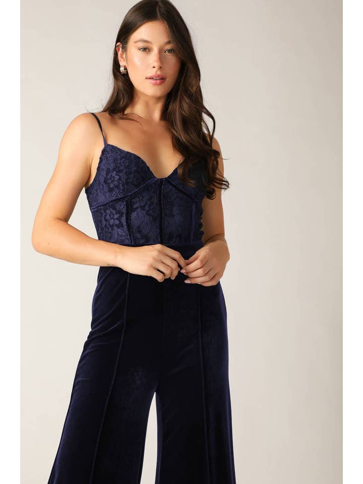 NAVY A woven lace and velvet jumpsuit - IP8665 for wholesale on Faire