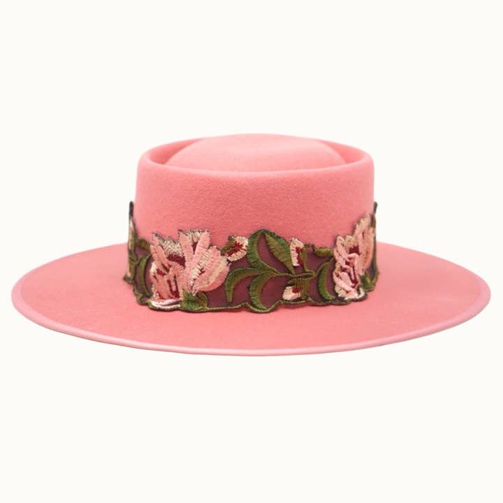 Olive & Pique - Wholesale Fedora - Women's - Lace Banded 100% Wool Felt Gambler Hat, Satin Lined, Unisex, Blush