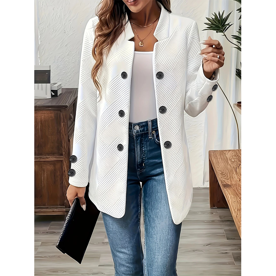 UNISHE – Blazer - Mulher por atacado – Blazer de Manga Comprida com Decote em V e Botões Duplos Cor Sólida ZK36487