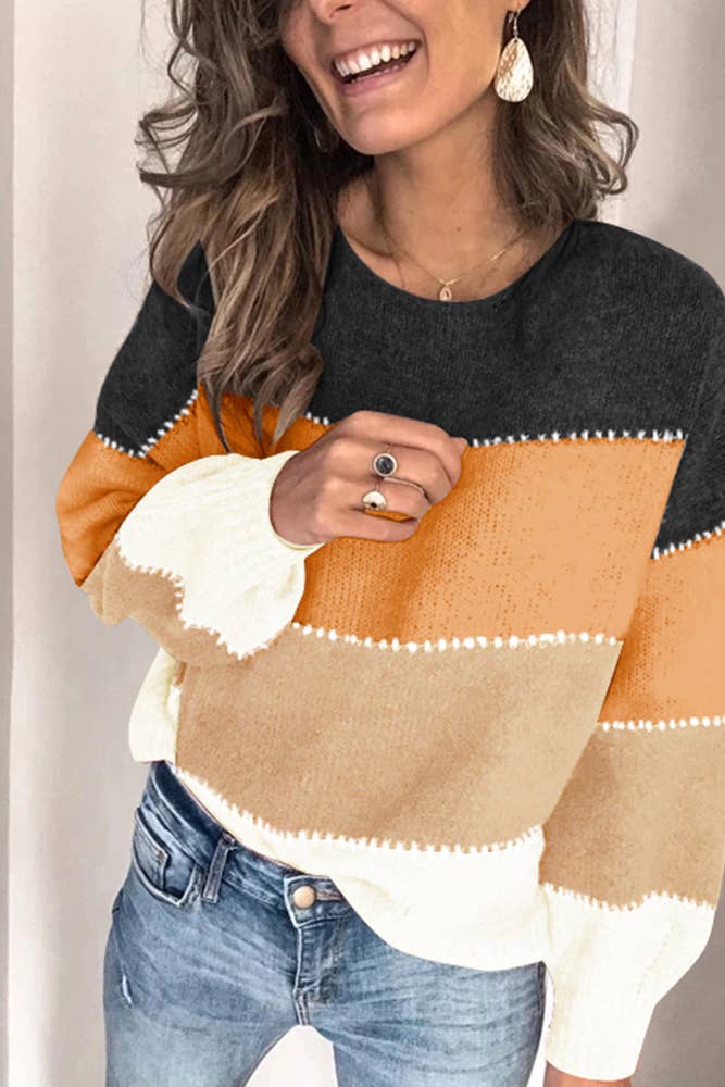 UNISHE - Wholesale Knit Sweater - Women's - Loose Color Block Pullover Knitting Sweater TOPW14866