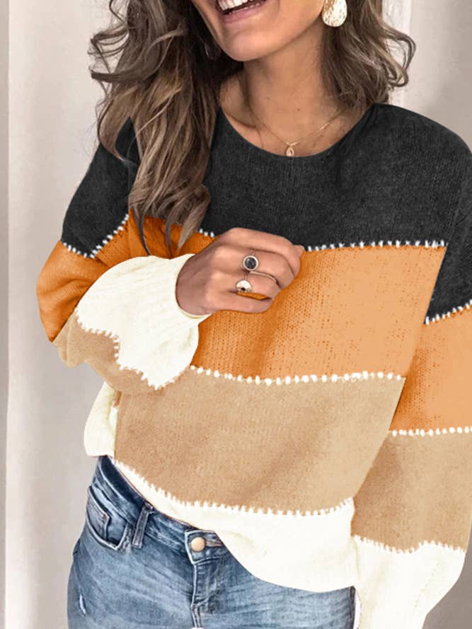 UNISHE - Wholesale Knit Sweater - Women's - Loose Color Block Pullover Knitting Sweater TOPW14866