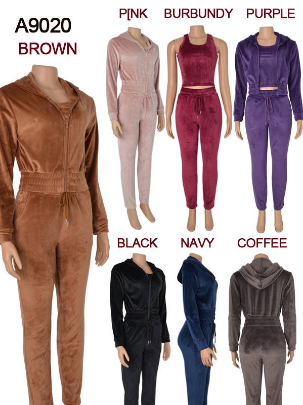 SSImport - Wholesale Lounge Set - Women's - A9020 3PCS/SET VELVET HOODIE JACKET TOP PANTS MIXSIZE 12SET