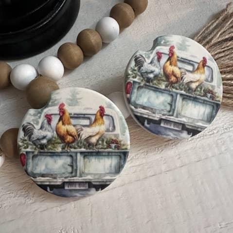 Juego de posavasos para coche Country Chickens para venta al por mayor de Dogwood Graphics & Design