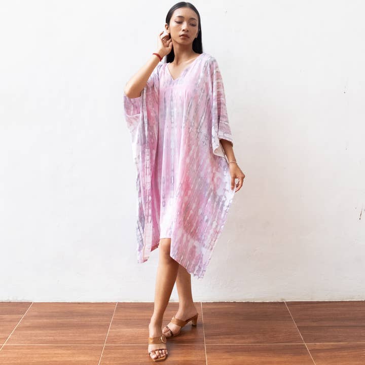 Tie Dye Short Kaftan Dress (Light Pink) - Beach Resort Wear for wholesale by Bali Harvest