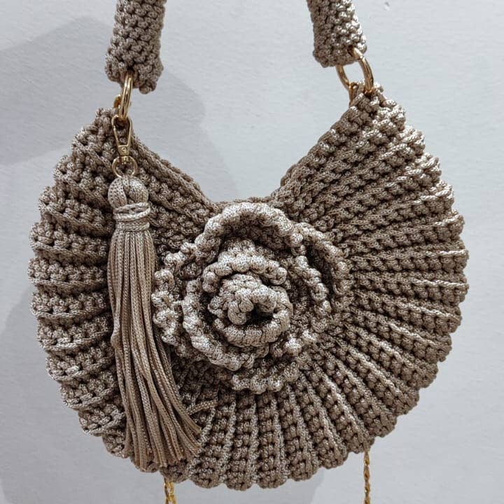 Beige CHQEL Macrome Mussel Rose Clutch Bag Handmade Crochet Bag for wholesale on Faire