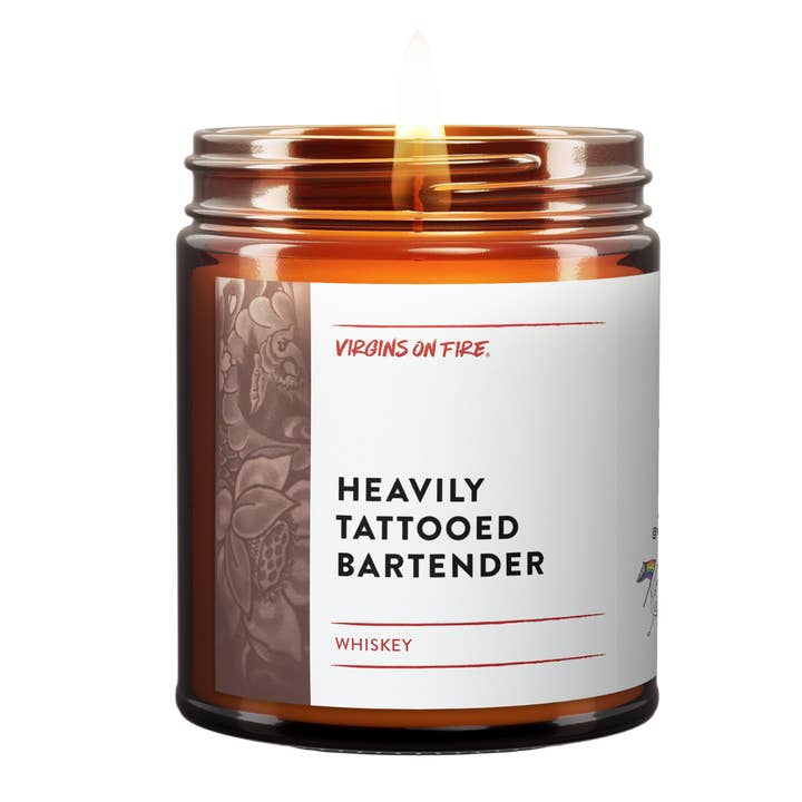 HEAVILY TATTOOED BARTENDER (Whiskey Scented) 🥃 Soy Candle for wholesale by Virgins On Fire Candle Co.