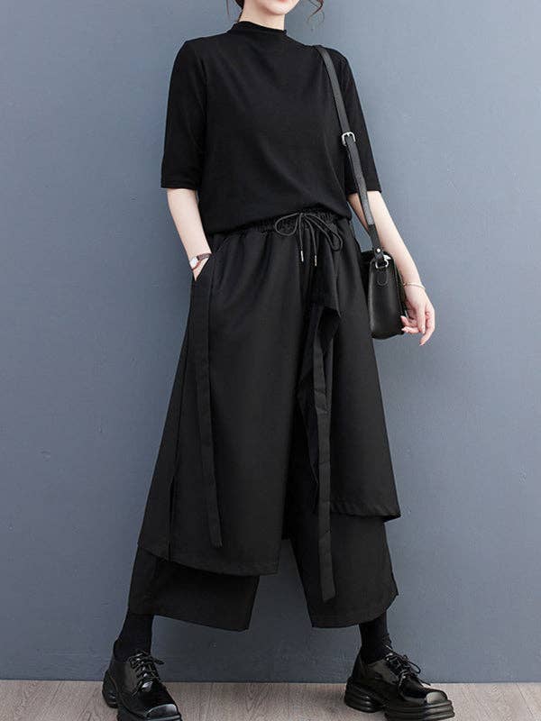 BLACK Wide Leg Loose Drawstring Solid Color Casual Pants Bottoms Culotte for wholesale on Faire2
