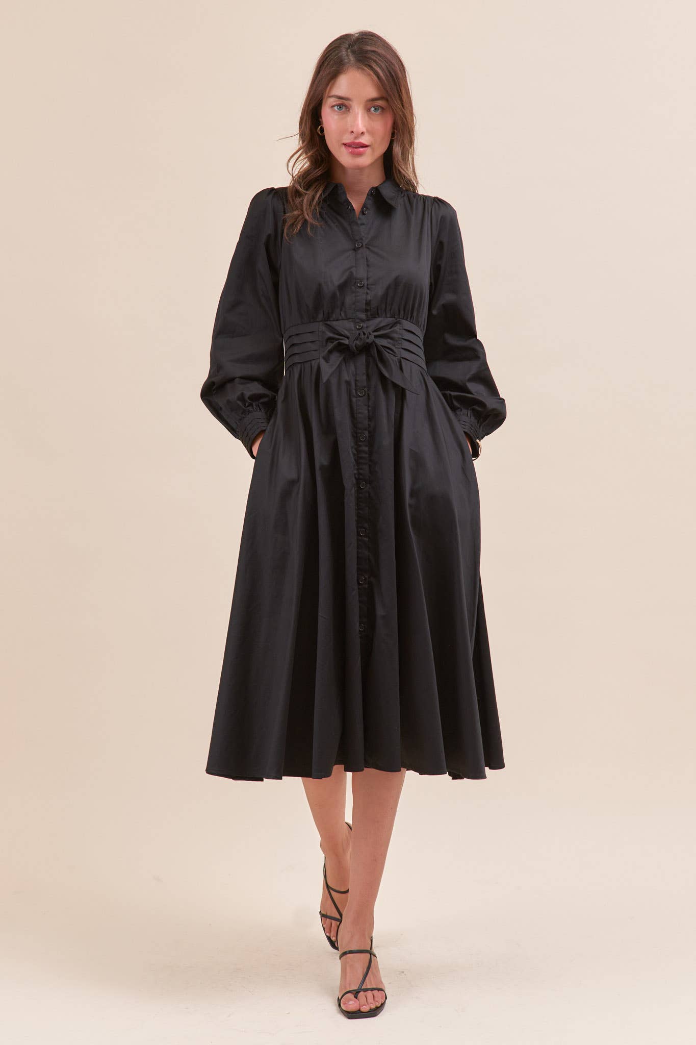 &MERCI - Wholesale Dress - Women's - PINTUCK WAIST TIE FRONT MIDI DRESS MDR421913