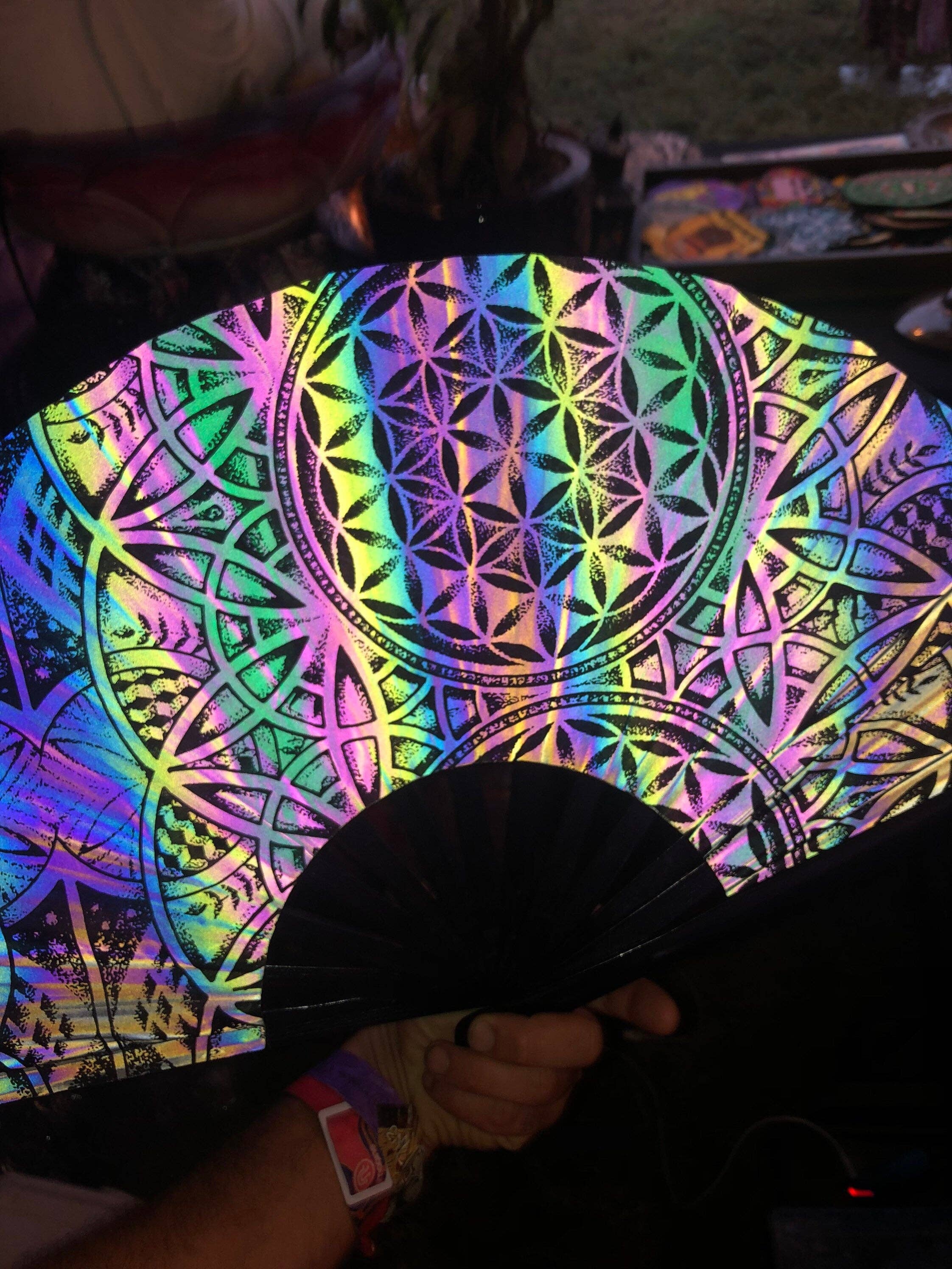 Enlighten - Wholesale Handheld Folding Fan - Large Dark Rainbow Reflective Sacred Geometry Hand Fan – Flash Reactive, Flower of Life Design, Festival Fashion, Rave Accessories0