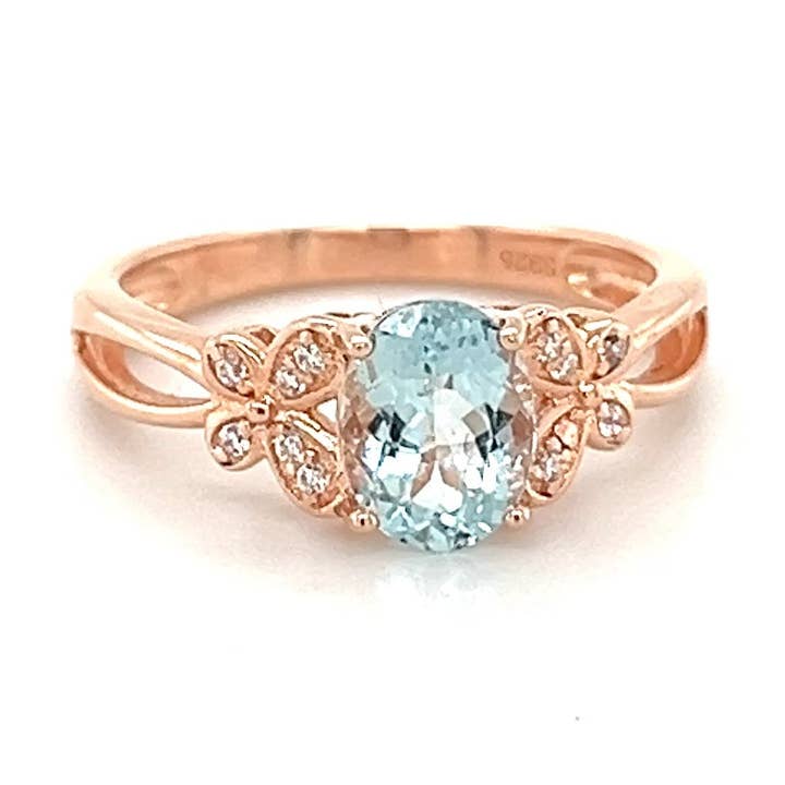 Aquamarine & White CZ Rose Gold Plated Sterling Silver Ring - Style PJC3527R for wholesale by Blue Star Gems NY