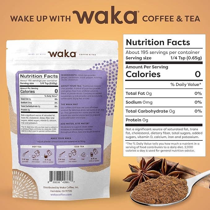 Waka Coffee & Tea - Wholesale Health/Detox Tea - Traditional Chai Unsweetened Instant Tea Powder 4.5 oz Bag1