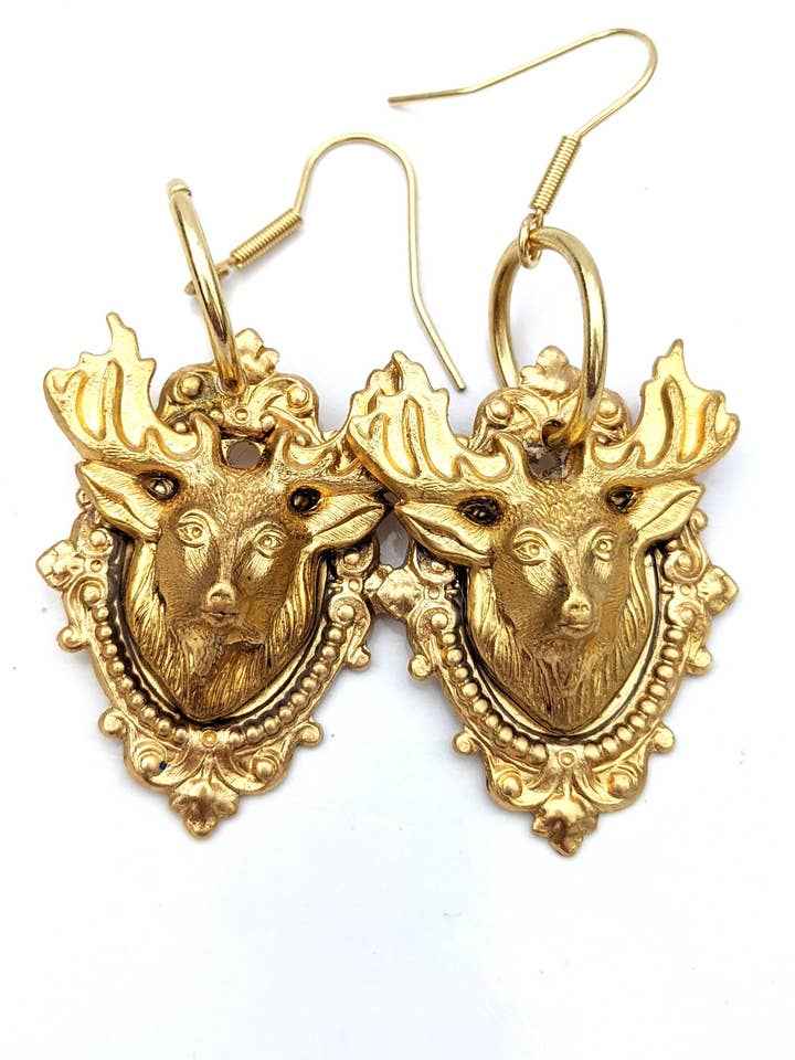 3D Deer Brass Mounted Earrings Sustainable USA Made Gay Isber Gift Bag for wholesale by Gay Isber Designs