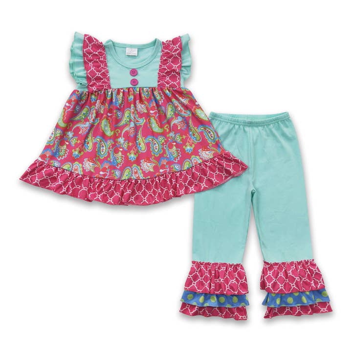 Yawoo Garments - Wholesale Top & Pant Set - Kids - Girl Print Tunic Solid Pants Outfit