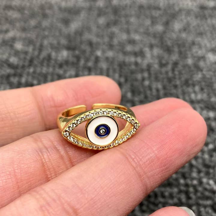 Mio Queena - Wholesale Cocktail/Statement Ring - Enamel Rhinestone Turkey Eye Evil Eye Golden Adjustable Rings9