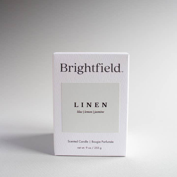 Brightfield - Wholesale Jar/Filled Candle - Linen Non-Toxic Sustainable Coconut Soy Candle w/ Wood Wick