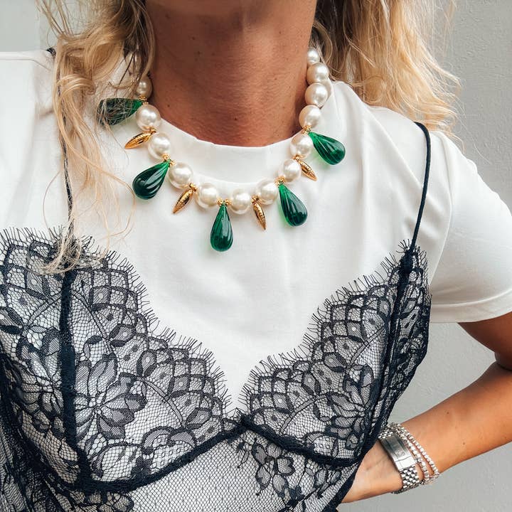 Statement Pearl Necklace with Green Teardrops & Gold Accents and other Purchase Wholesale green statement necklace. Free Returns & Net 60 Terms on Faire trending on Faire.