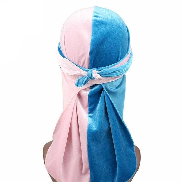Durag en velours bicolore rose et bleu pour la vente par Taelor Boutique