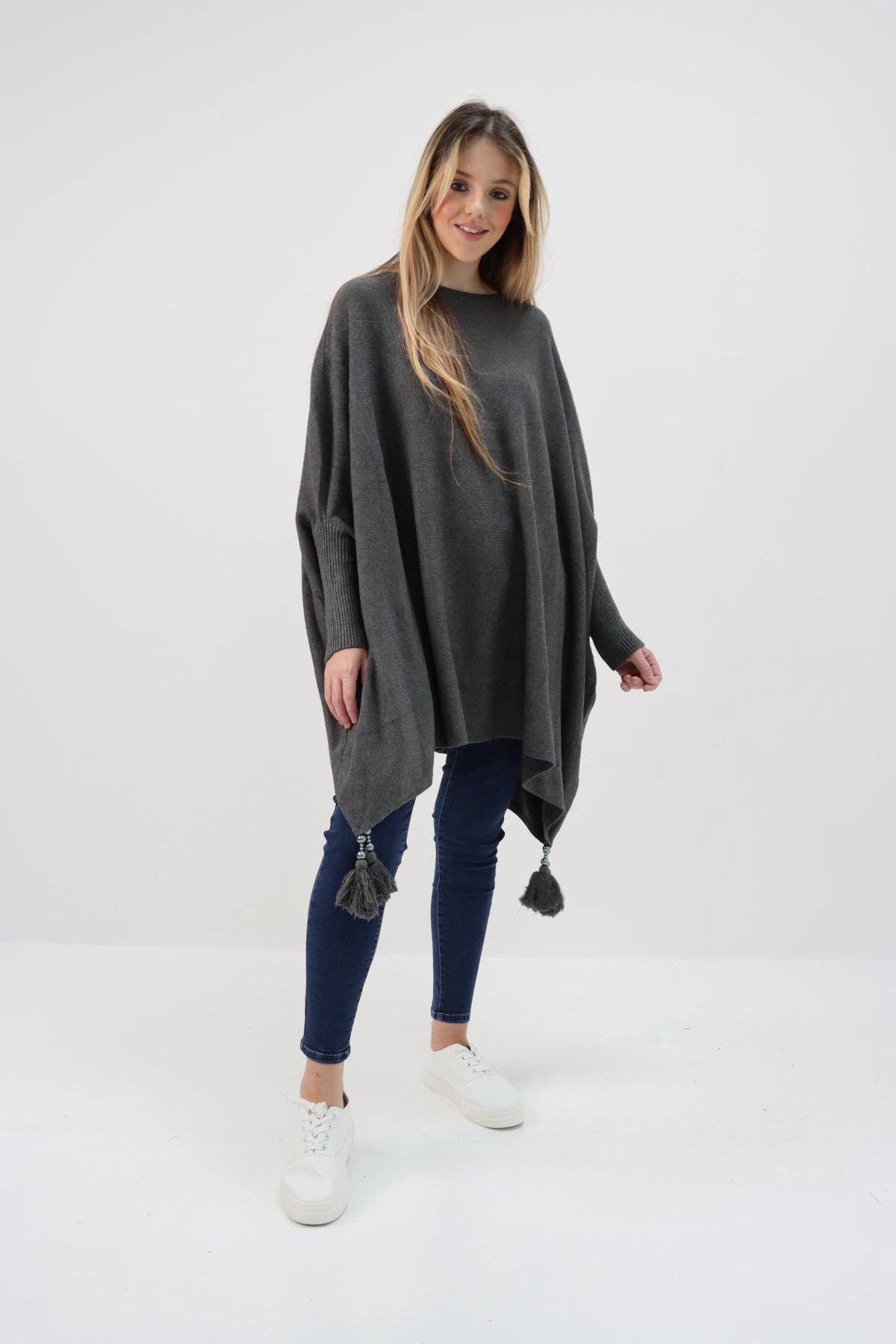 Miss Bold - Wholesale Poncho - Women's - Italian Plain Batwing Sleeves Tassels Tunic Poncho9