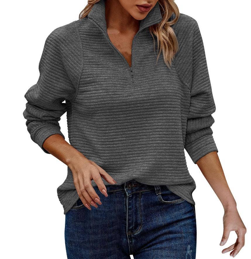 HIDDENBRAND - Wholesale Sweatshirt - Women's - Solid loose texture zip neck sweatshirt8