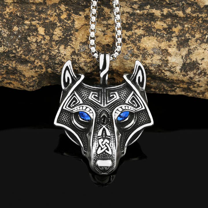 Viking Style Blue Eyed Wolf Head Necklace for wholesale by Gemcohub