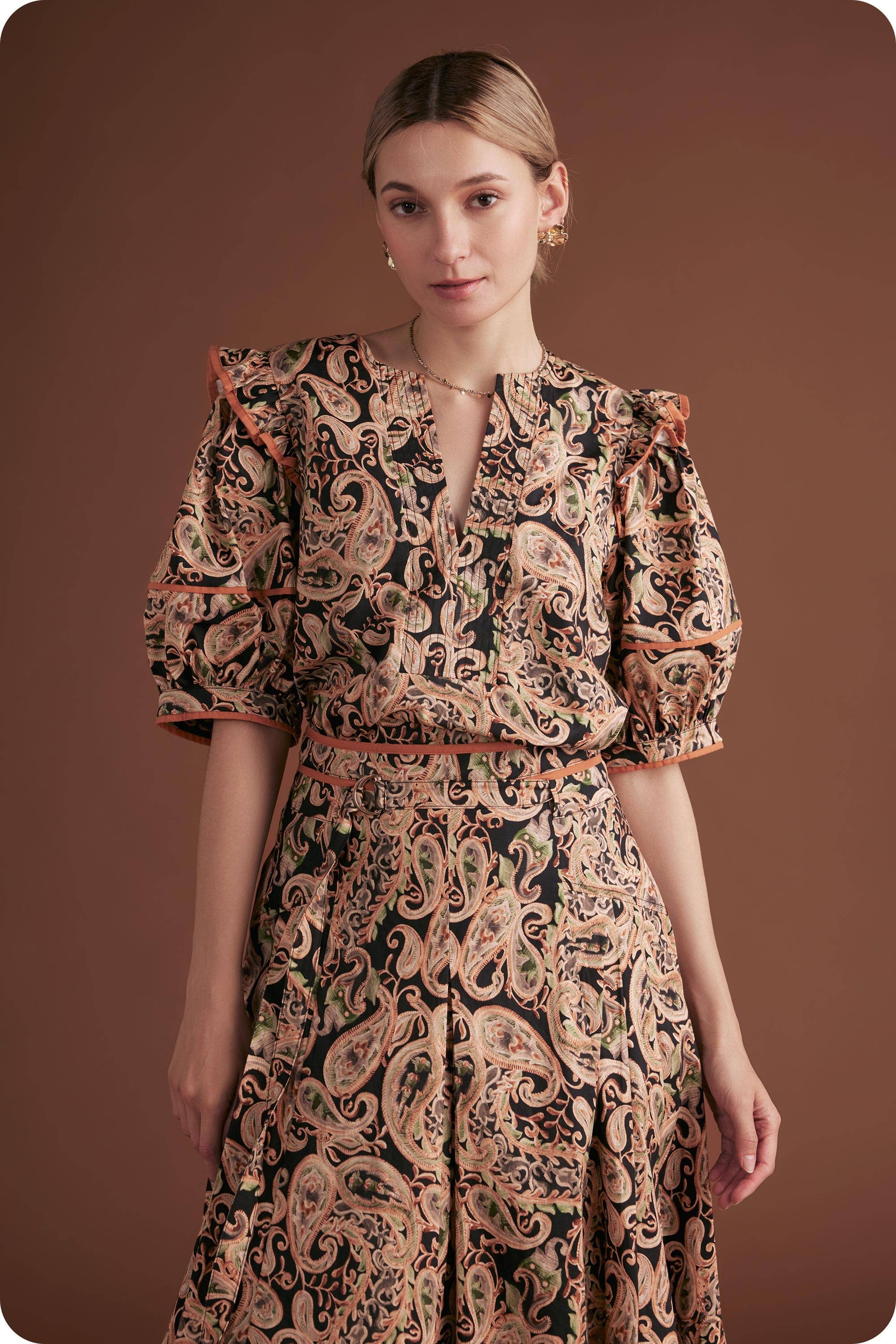 Black Multi Posh Paisley Printed Contrast Binding Top for wholesale on Faire0