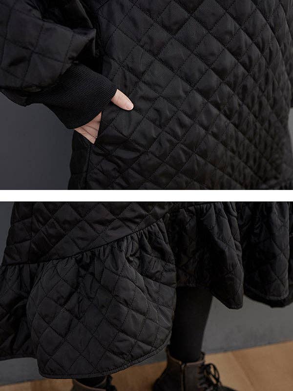 BLACK Casual Long Sleeves A-Line Rhombic Falbala High-Neck Midi Dresses for wholesale on Faire11