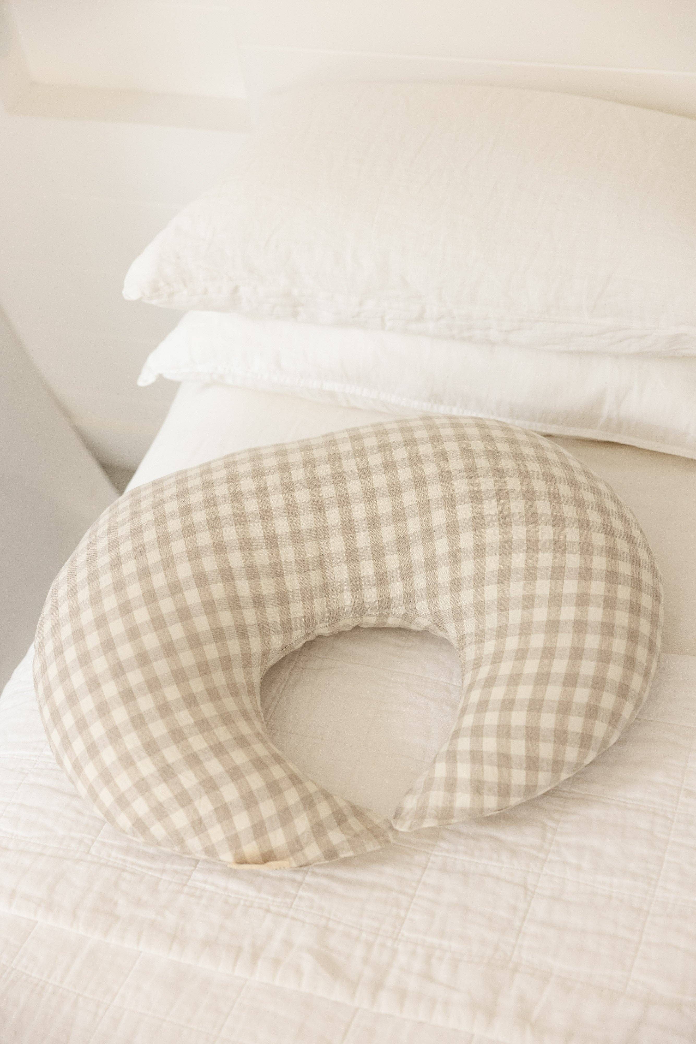 Beige Nursing Pillow & Cover- Moon Shape- Gingham for wholesale on Faire