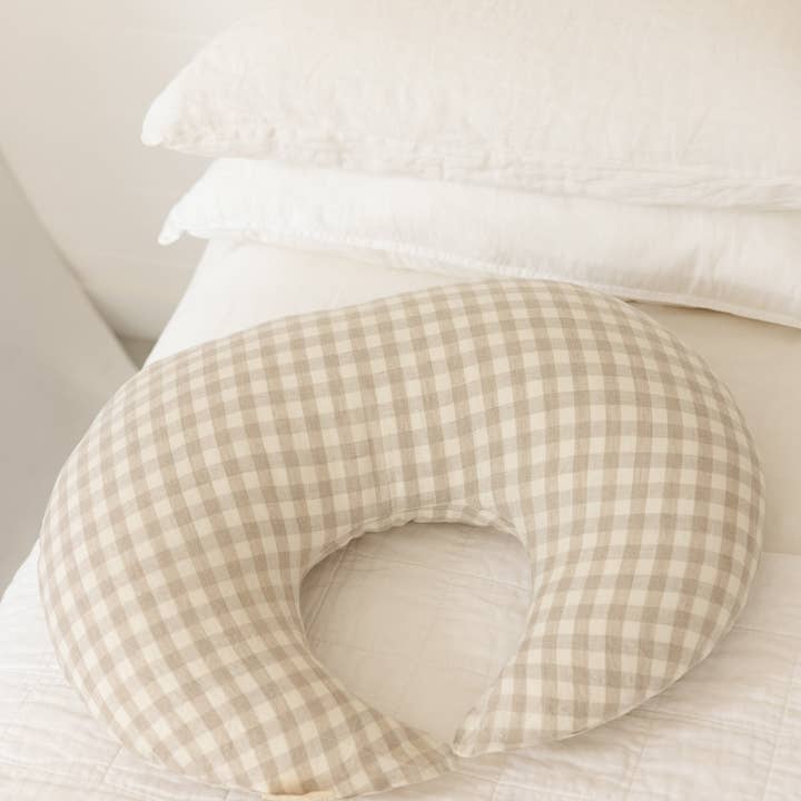 Beige Nursing Pillow & Cover- Moon Shape- Gingham for wholesale on Faire0