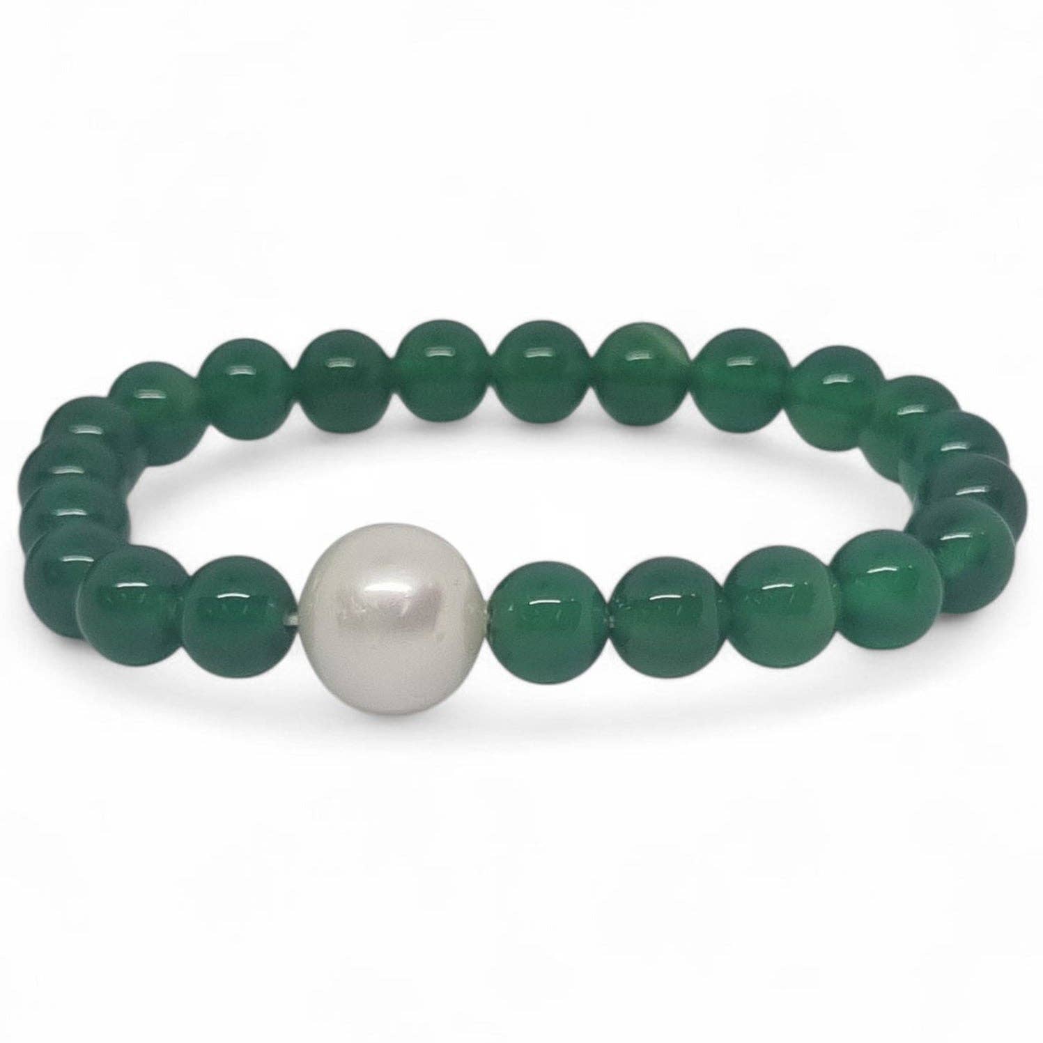PearlGem Designs - Wholesale Beaded bracelet - Green Onyx and Freshwater Pearl Elastic Bracelet0