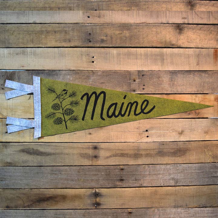 MAINE Pinecone & Chickadee Pennant on Green Wool - Lg Size for wholesale by Quiet Tide Goods