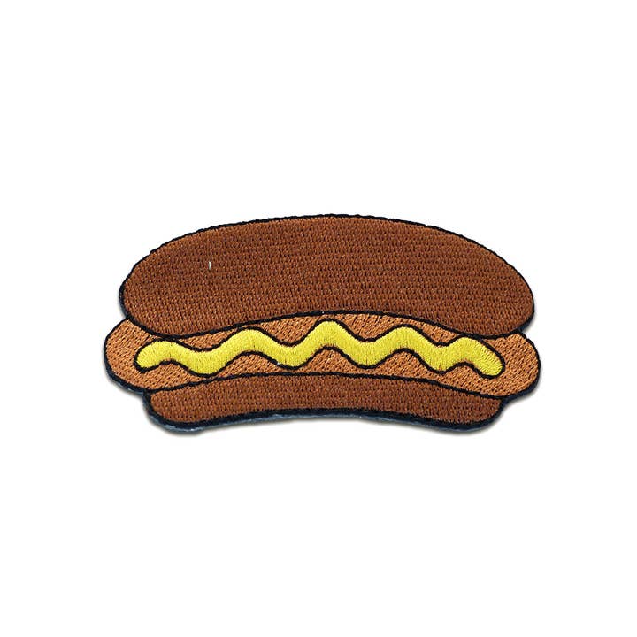 brown Iron-on Patch - Hot Dog with Mustard Food Fast Food for wholesale on Faire