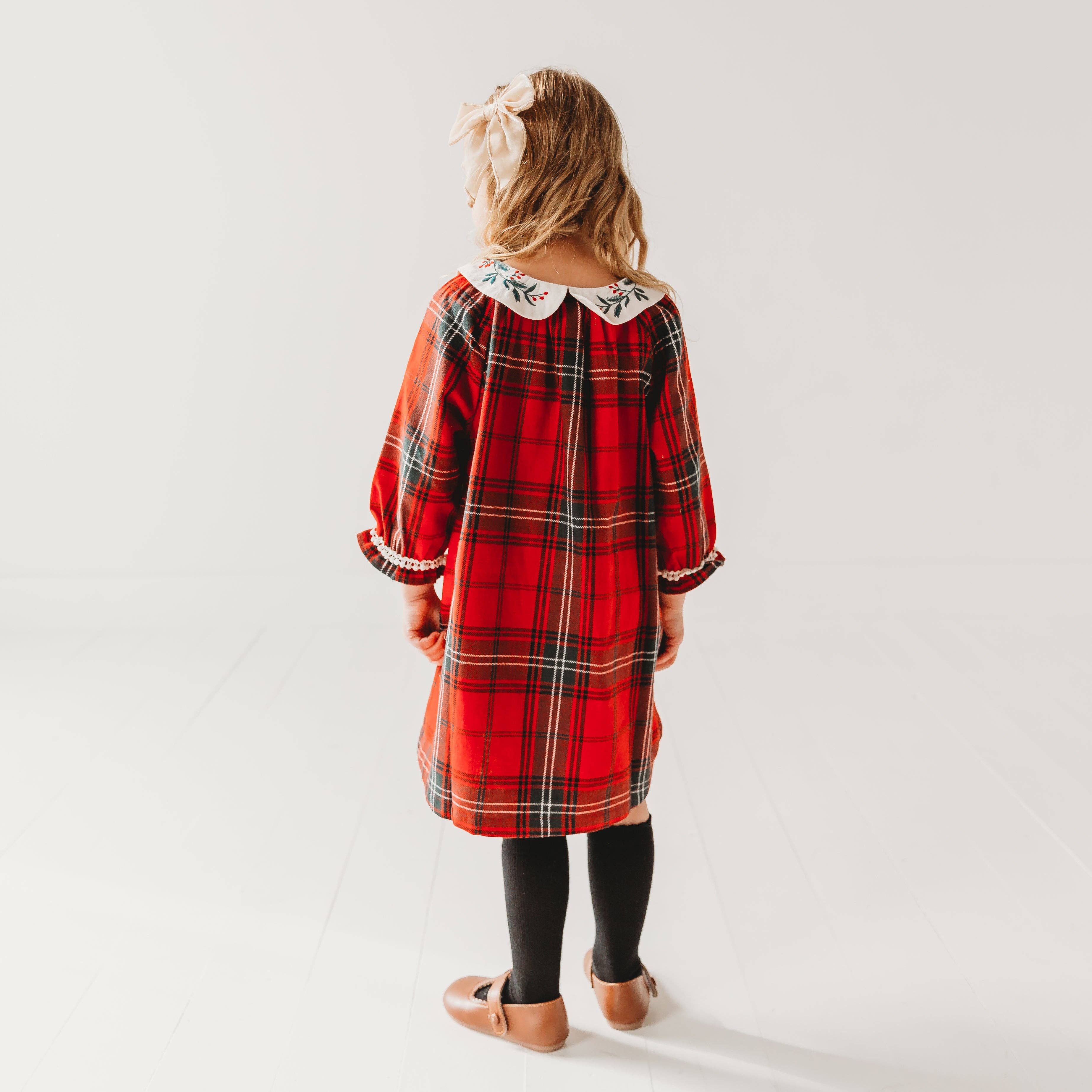 Red Plaid Girl's Christmas Dress Embroidery for wholesale on Faire1