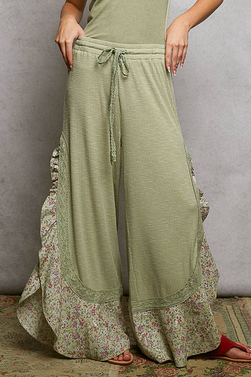 Pol Clothing - Wholesale Pants - Women's - Floral Pattern Ruffle Detail Ribbed Knit Pants12