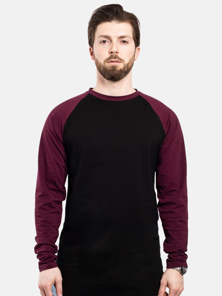 Longline Baseball T-Shirt Black-Maroon for wholesale by Blackskies