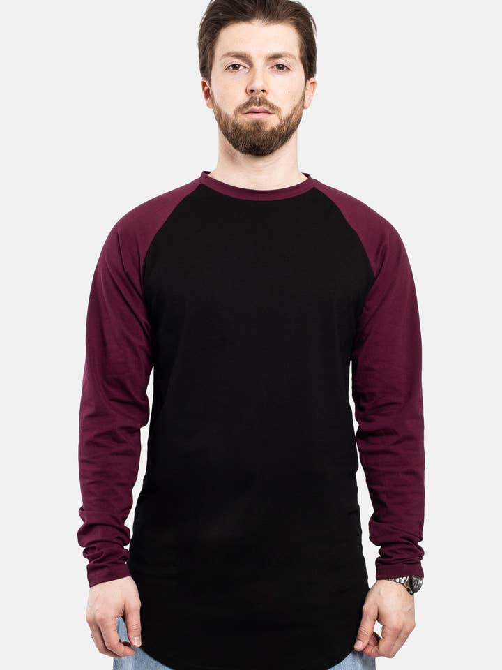 Camiseta de Beisebol Longline Preto-Bordô por atacado de Blackskies