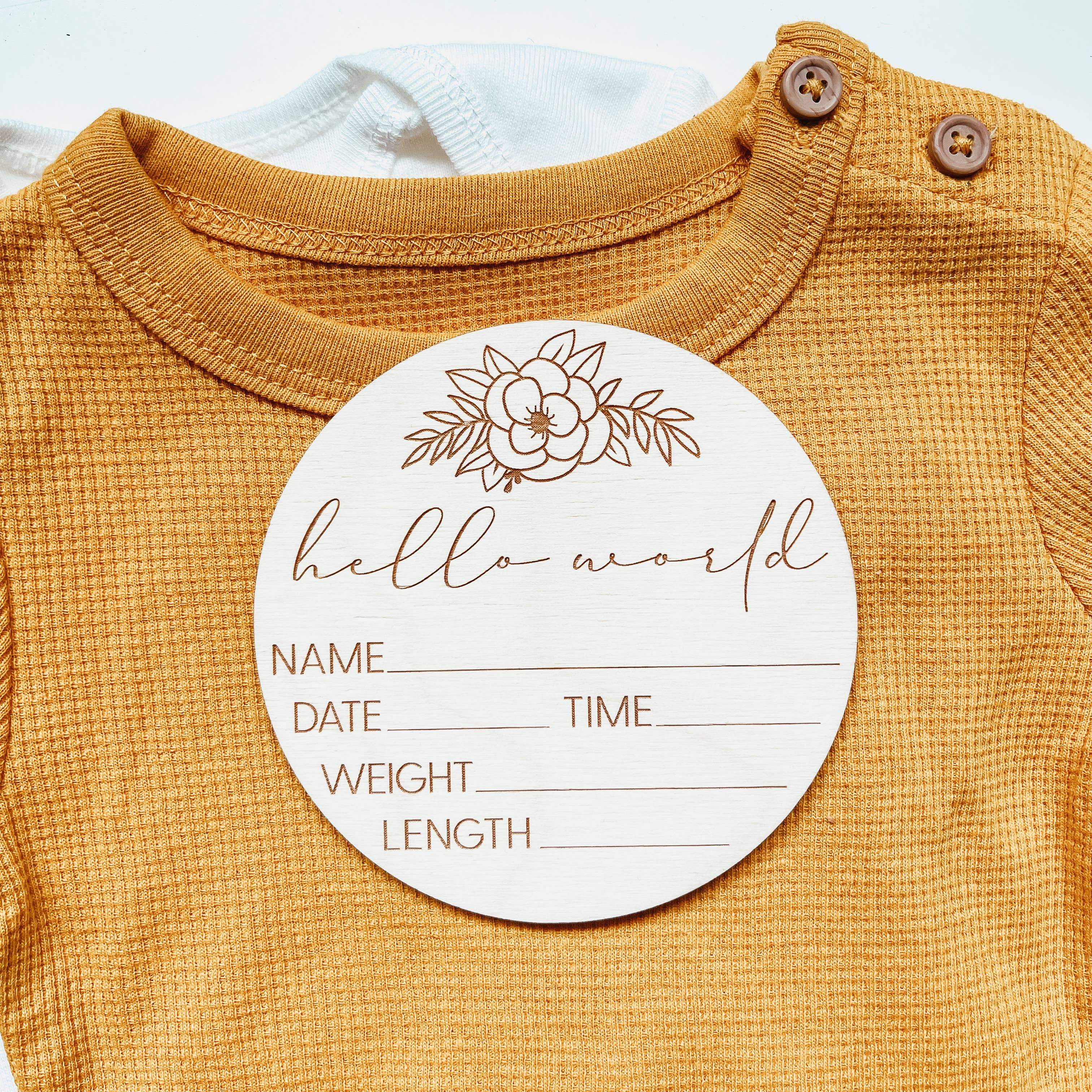 Knotty Design Co. - Wholesale Milestone Art/Keepsake - Kids & Baby - Baby Birth Announcement Sign - Hello World Floral Round4