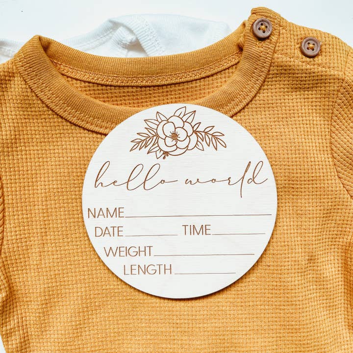 Knotty Design Co. - Wholesale Milestone Art/Keepsake - Kids & Baby - Baby Birth Announcement Sign - Hello World Floral Round4