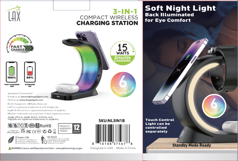 LAX Gadgets – Engroshandel Skærmbeskytter til telefon – 3-i-1 opladningsstation med natlampe og adapter – detailpakke8